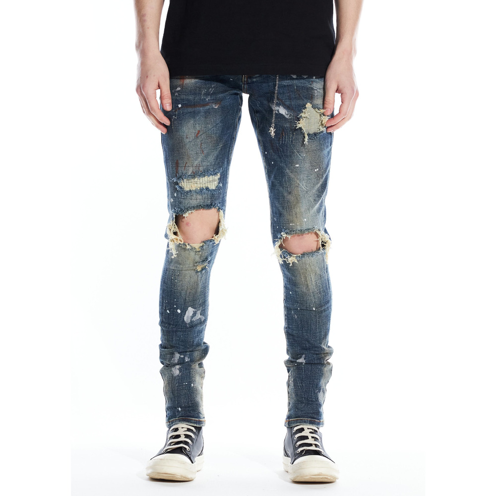 En Noir Men's Paint Splatter Rip & Repair Distressed Skinny Fit Denim Jeans
